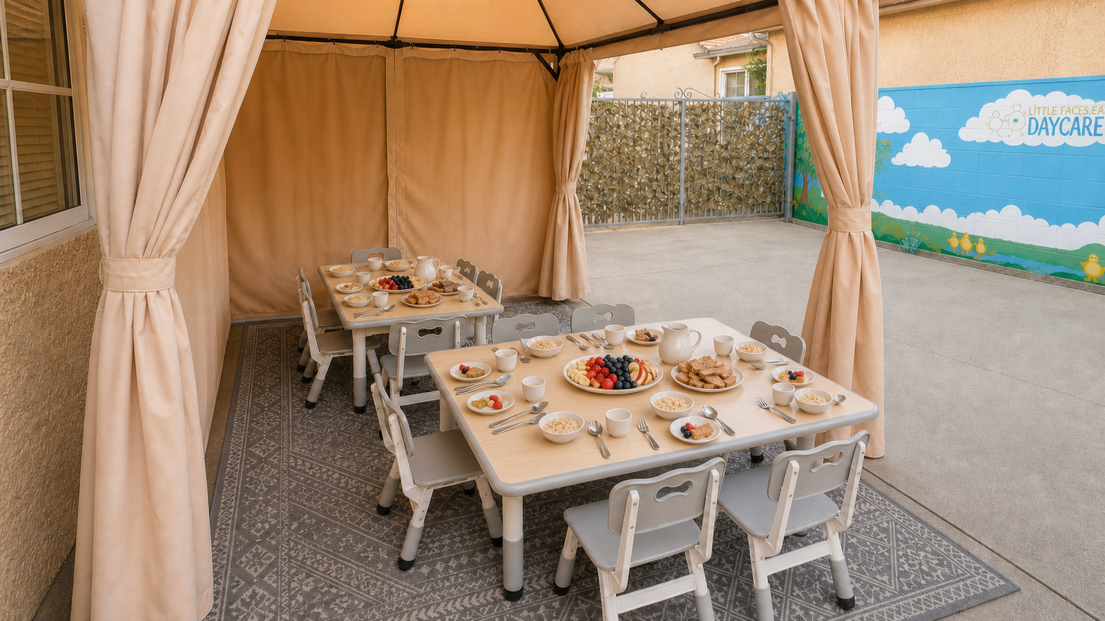 Children's breakfast served family style at the shaded outdoor dining cabana