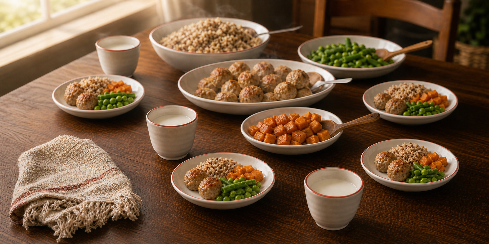 Warm home-cooked dinner — turkey meatballs, quinoa, sweet potato, green beans and peas with milk
