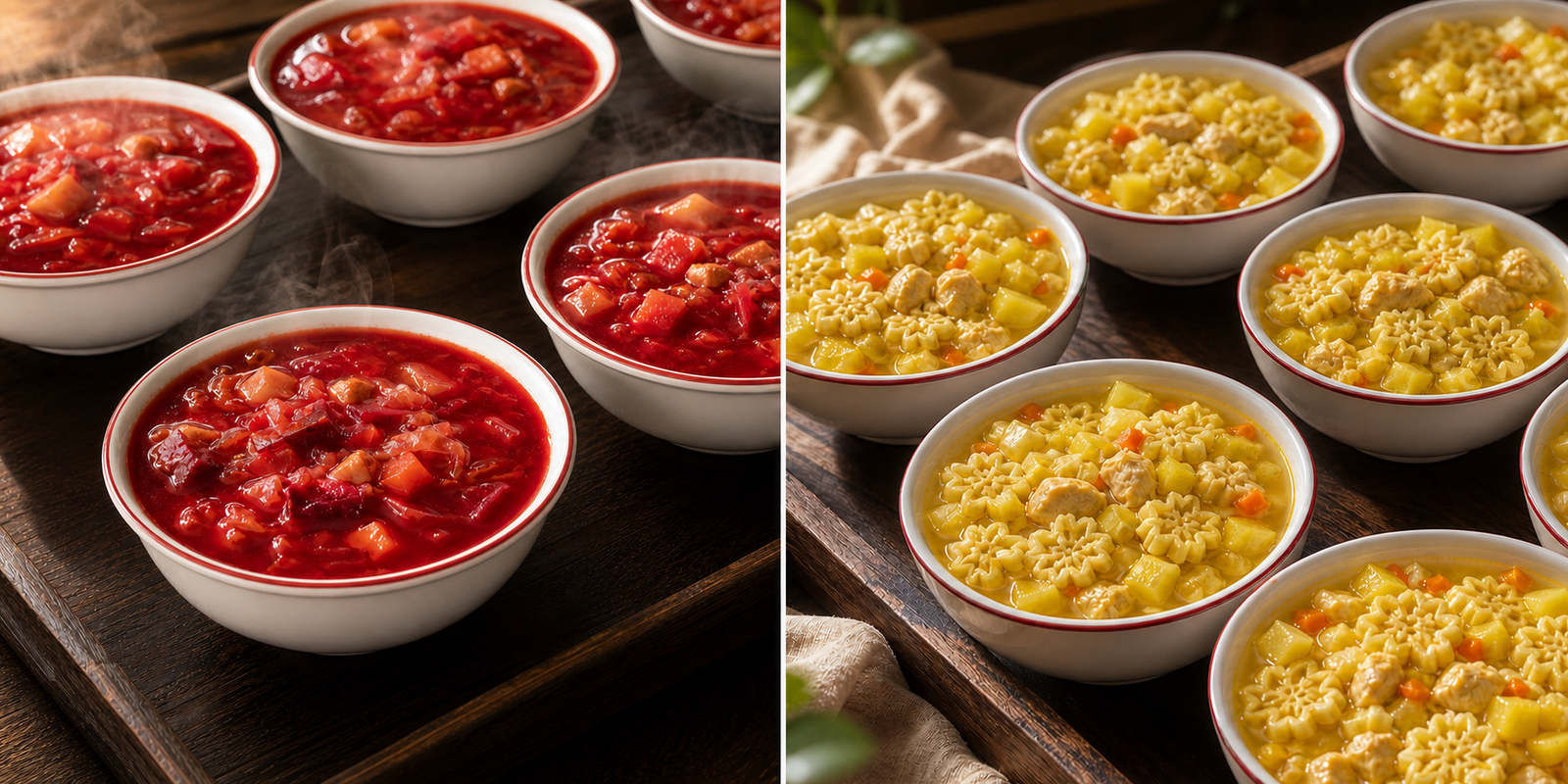 Bowls of home-cooked borscht and chicken star-noodle soup served for lunch