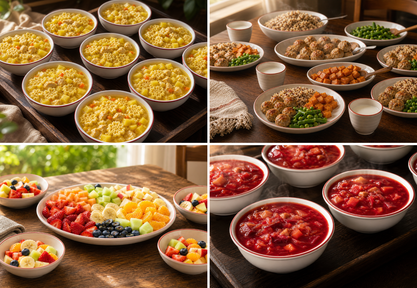 Collage of Little Birds LA meals — fresh fruit, warm dinner with turkey meatballs, chicken star-noodle soup, and borscht